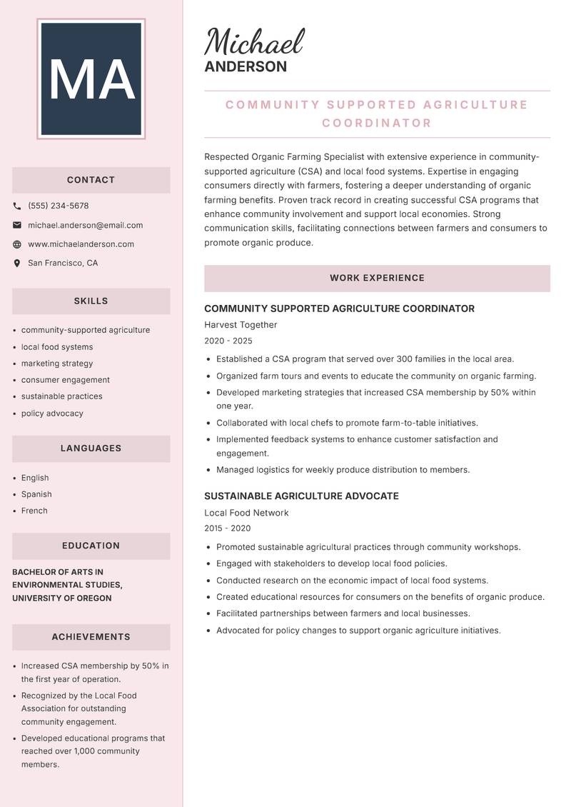 Organic Farming Specialist Resume Preview Example
