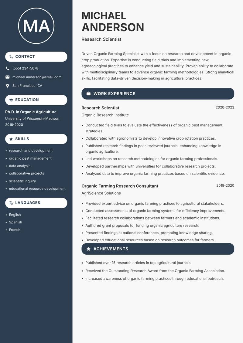 Organic Farming Specialist Resume Preview Example