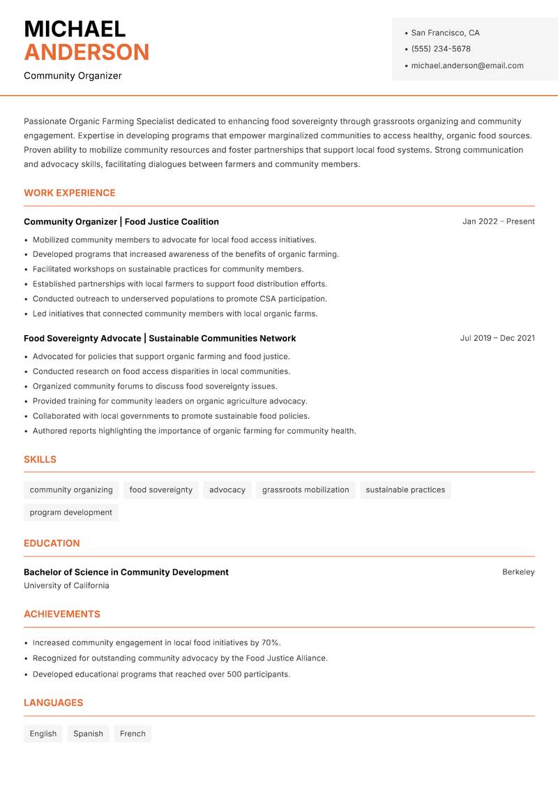 Organic Farming Specialist Resume Template