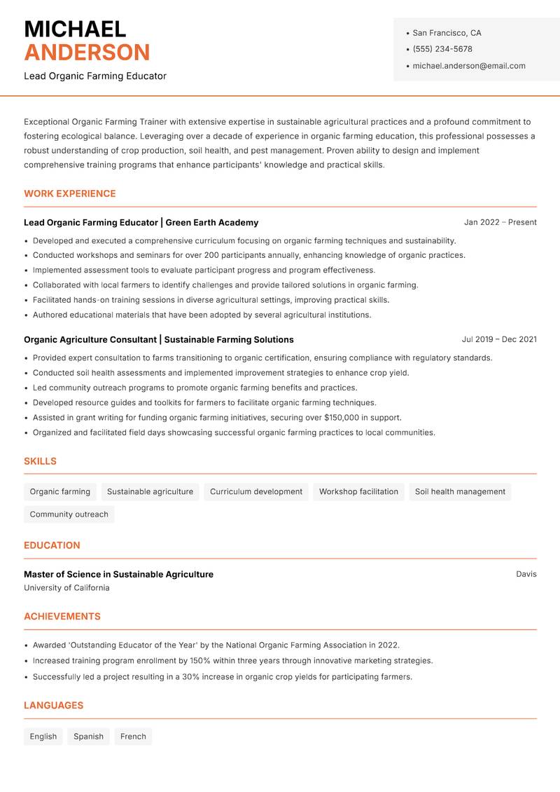 Organic Farming Trainer Resume Template