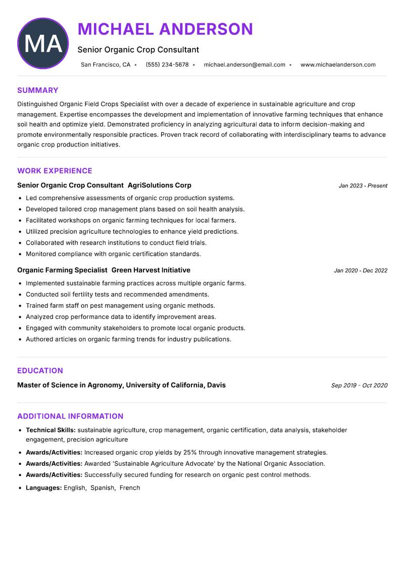Organic Field Crops Specialist Resume Preview Example