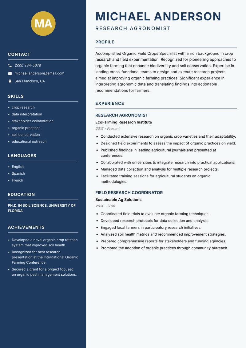 Organic Field Crops Specialist Resume Preview Example