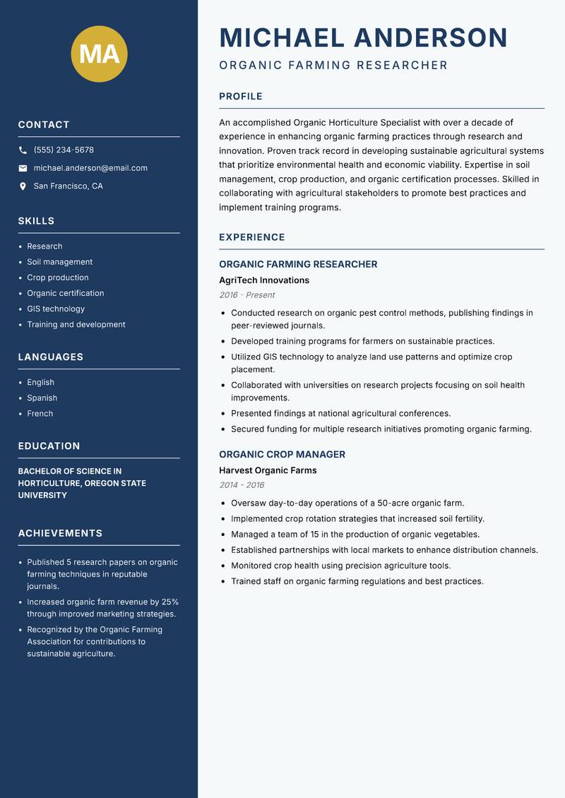 Organic Horticulture Specialist Resume Preview Example