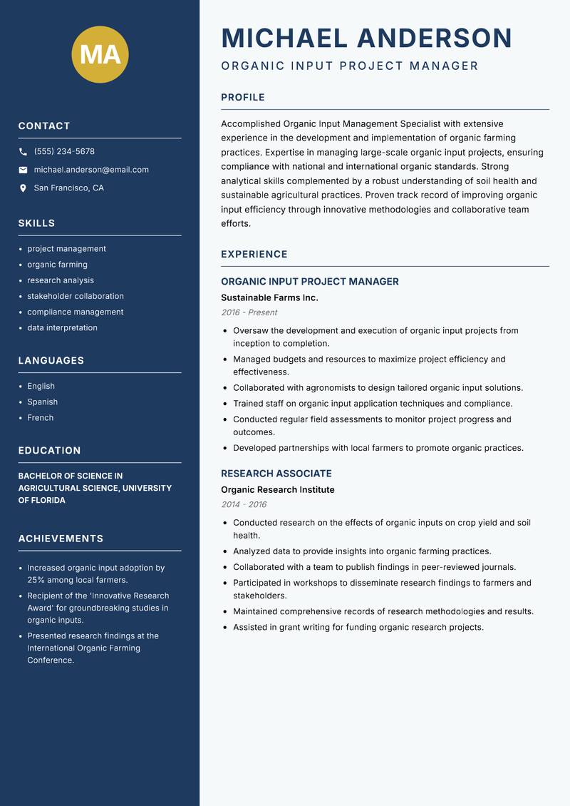 Organic Input Management Specialist Resume Preview Example