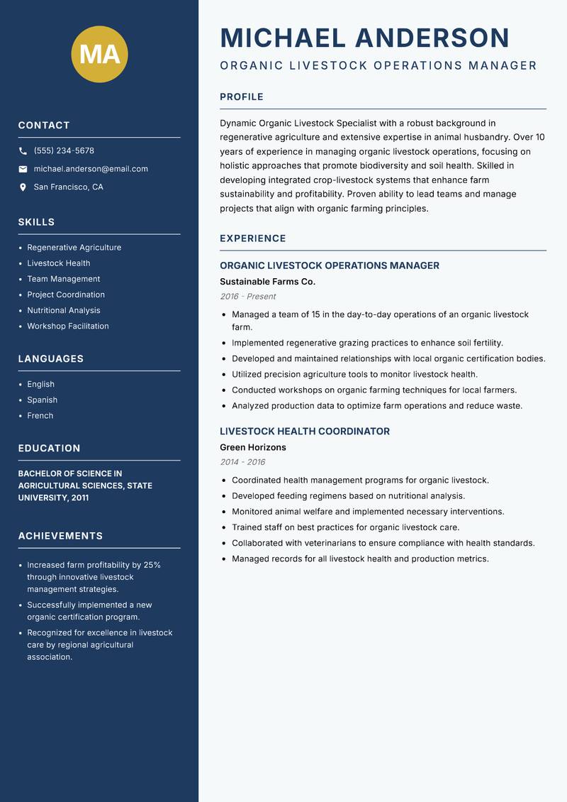 Organic Livestock Specialist Resume Preview Example