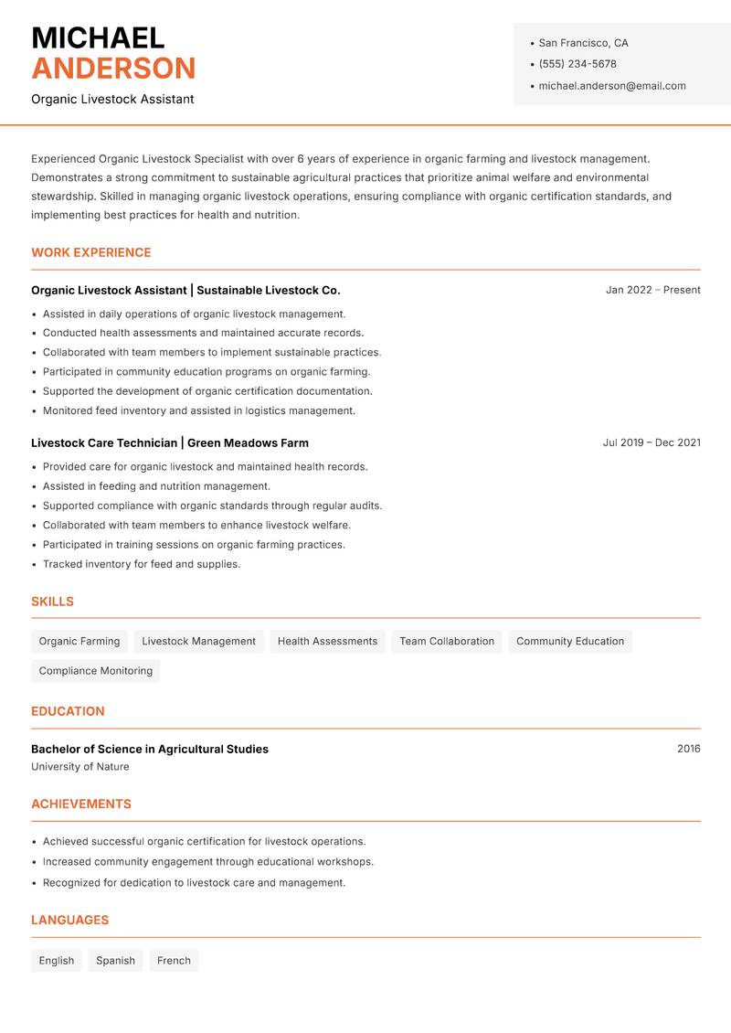 Organic Livestock Specialist Resume Template