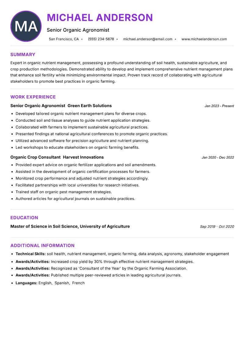 Organic Nutrient Management Specialist Resume Preview Example