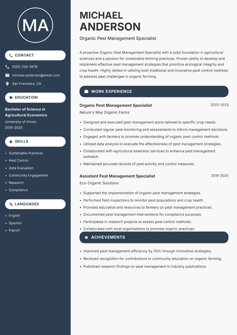 Organic Pest Management Specialist Resume Preview Example