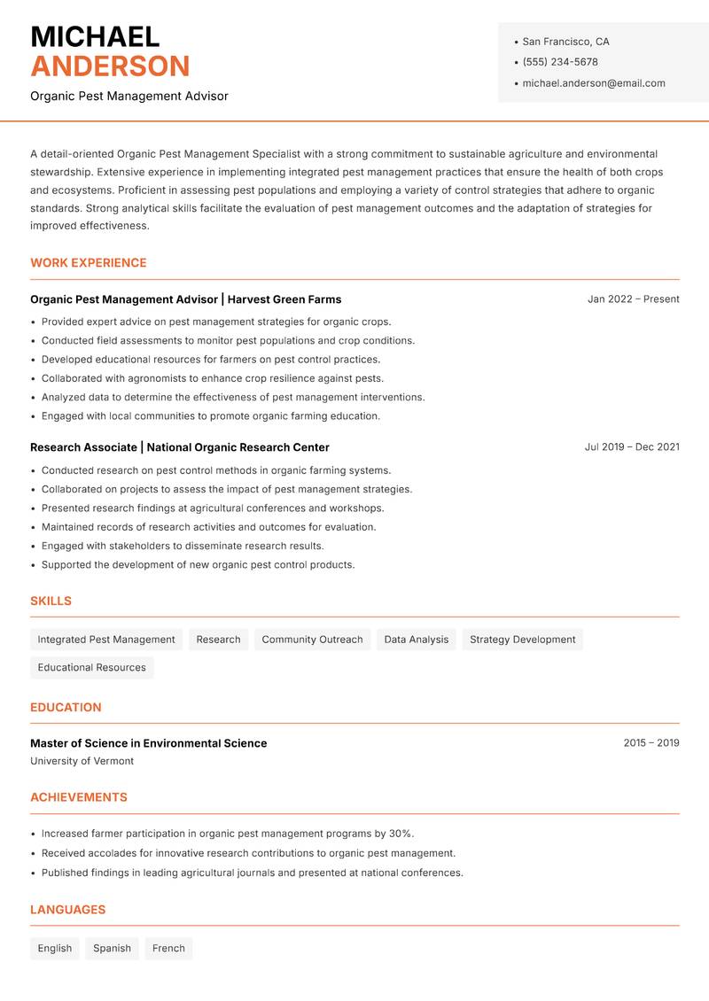 Organic Pest Management Specialist Resume Template
