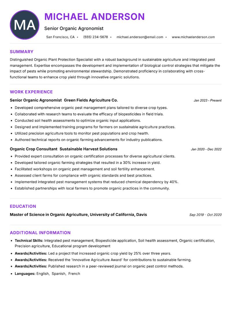 Organic Plant Protection Specialist Resume Preview Example