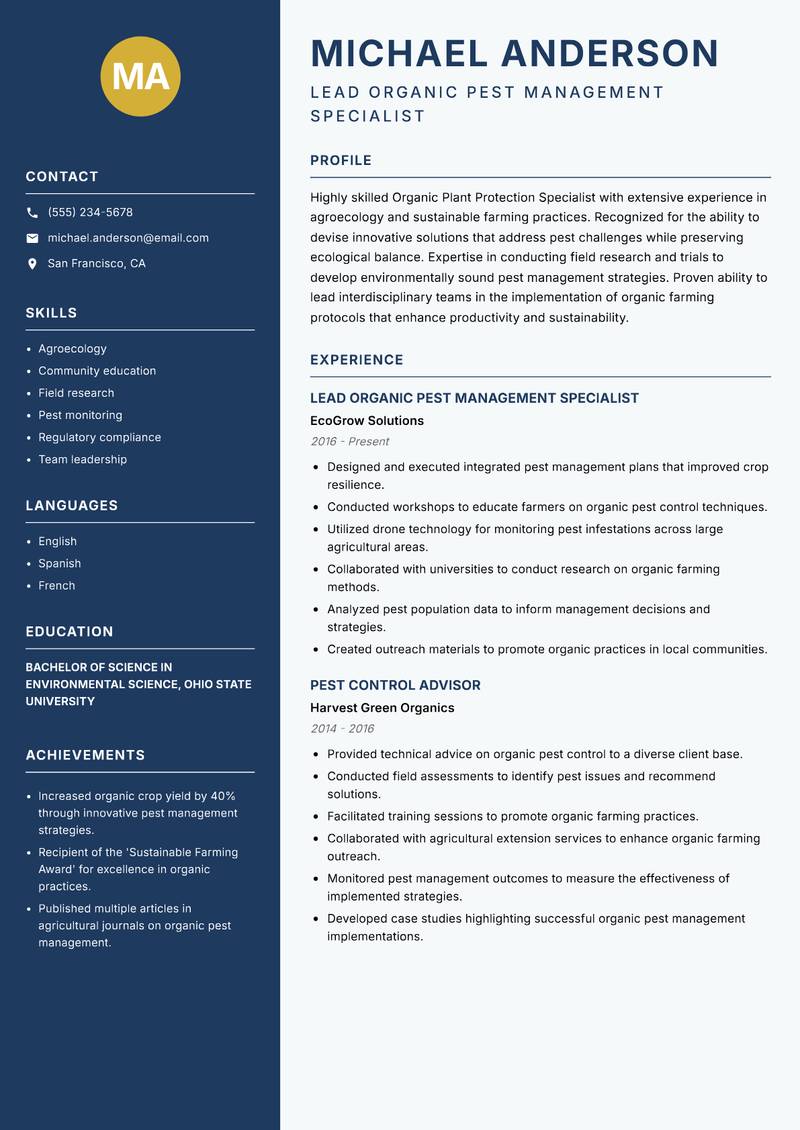 Organic Plant Protection Specialist Resume Preview Example