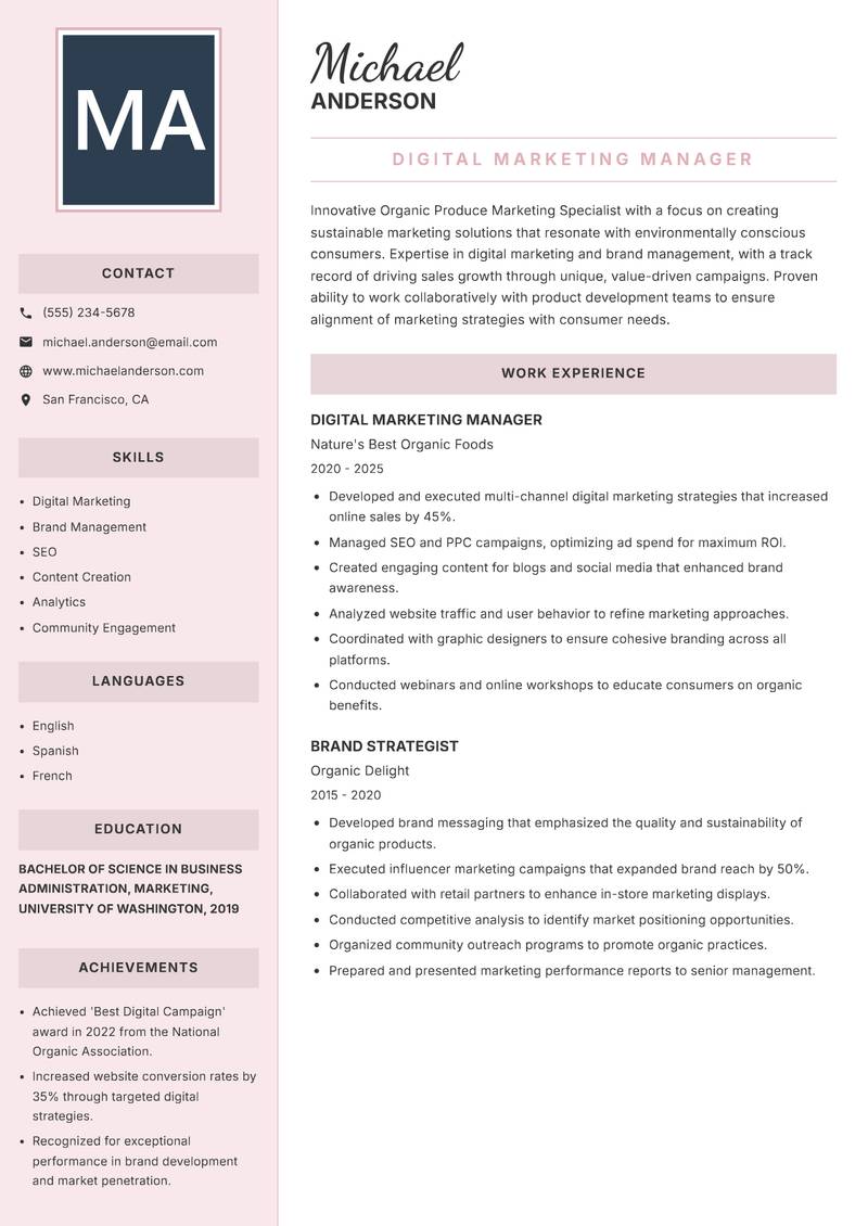 Organic Produce Marketing Specialist Resume Preview Example