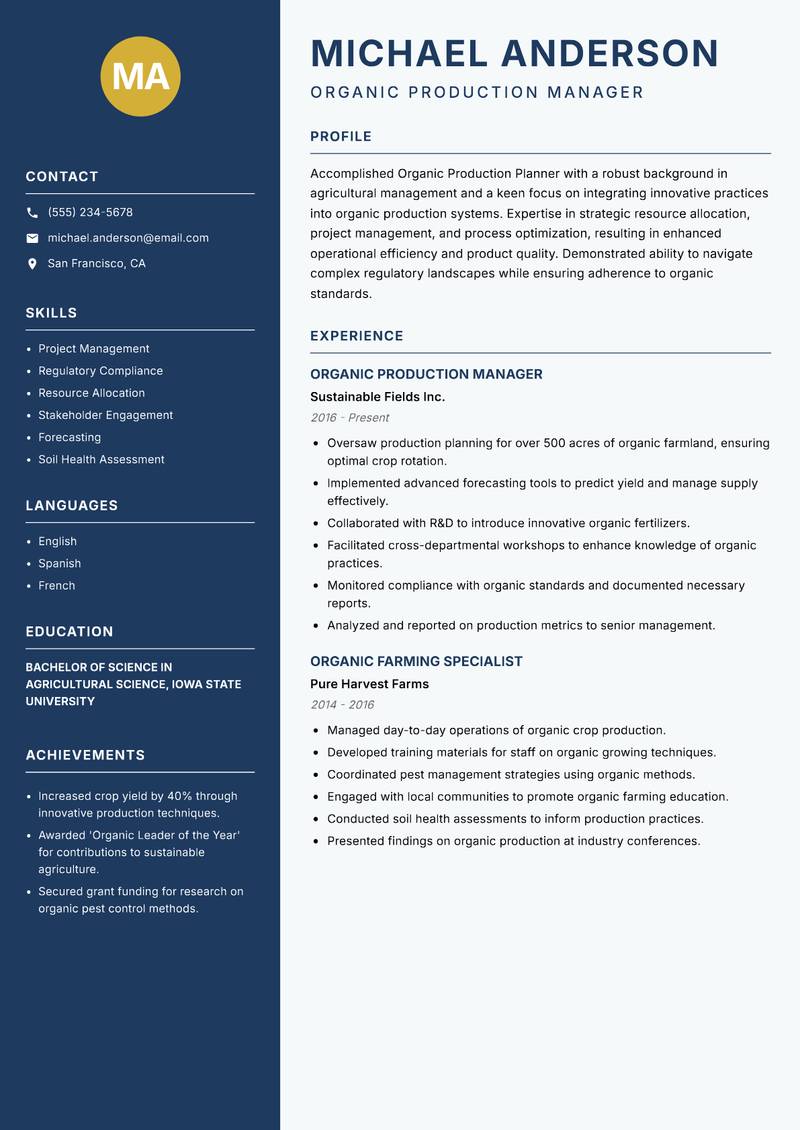 Organic Production Planner Resume Preview Example