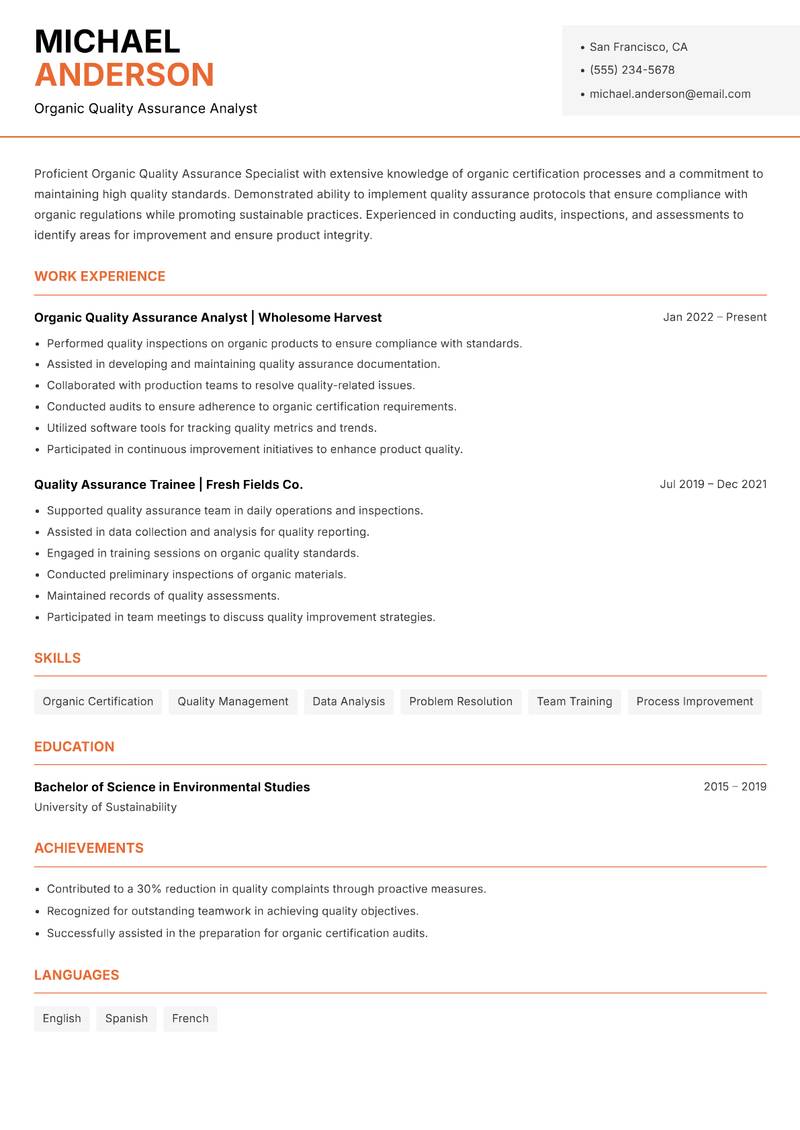 Organic Quality Assurance Specialist Resume Template