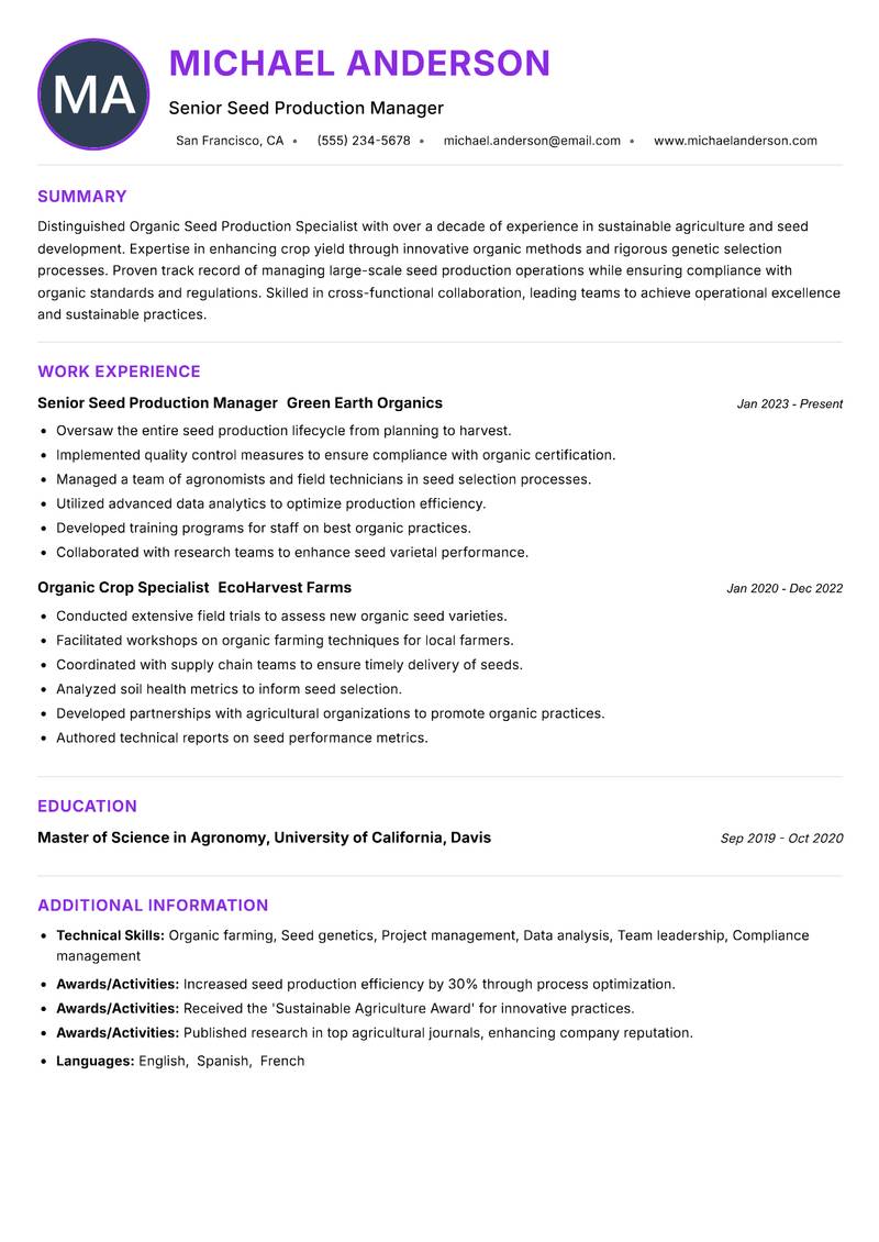 Organic Seed Production Specialist Resume Preview Example
