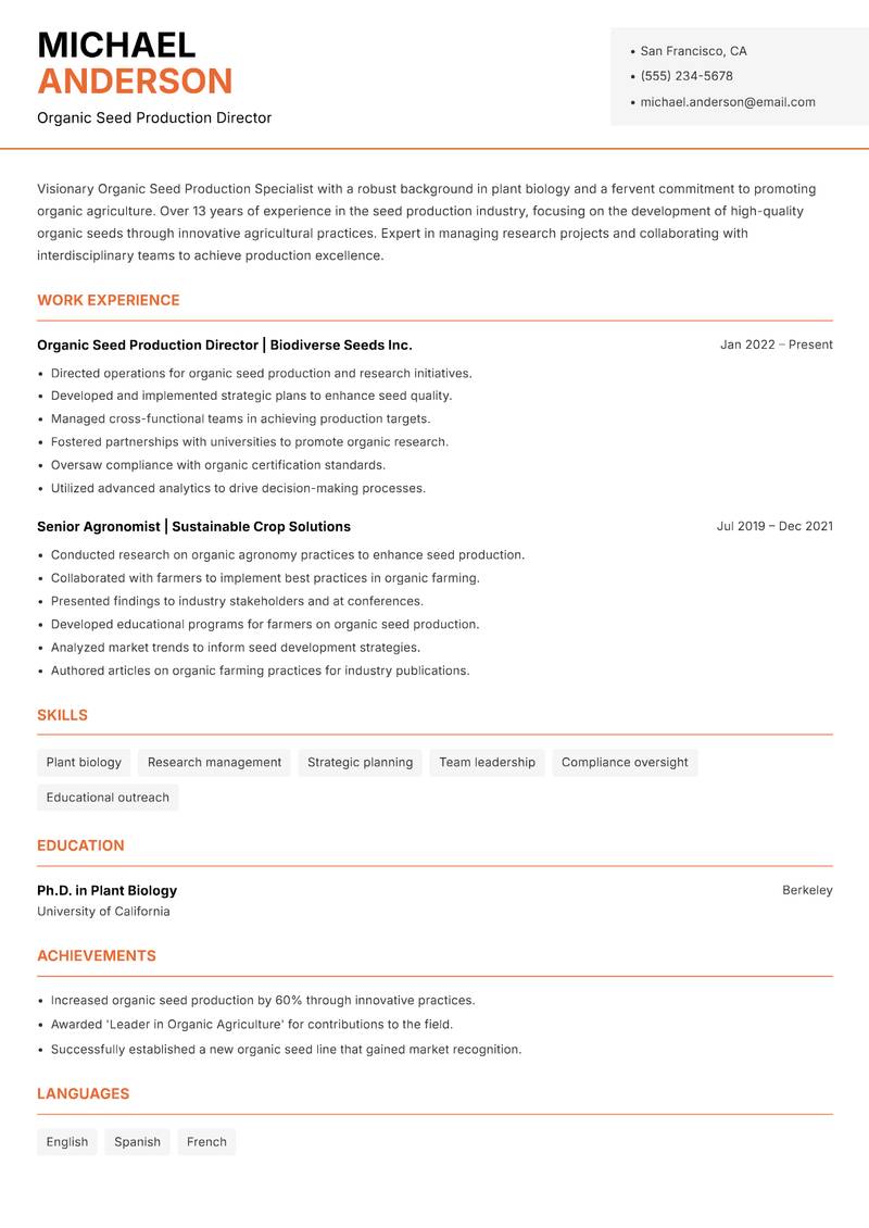 Organic Seed Production Specialist Resume Template