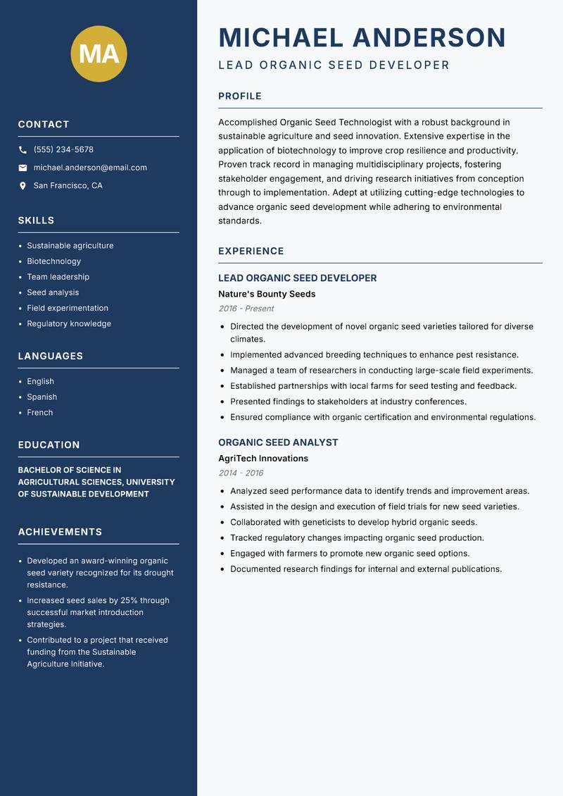 Organic Seed Technologist Resume Preview Example