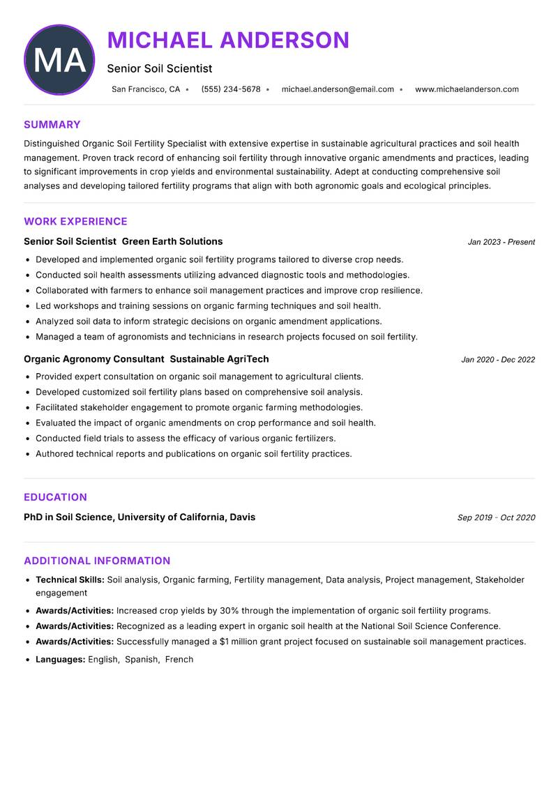 Organic Soil Fertility Specialist Resume Preview Example