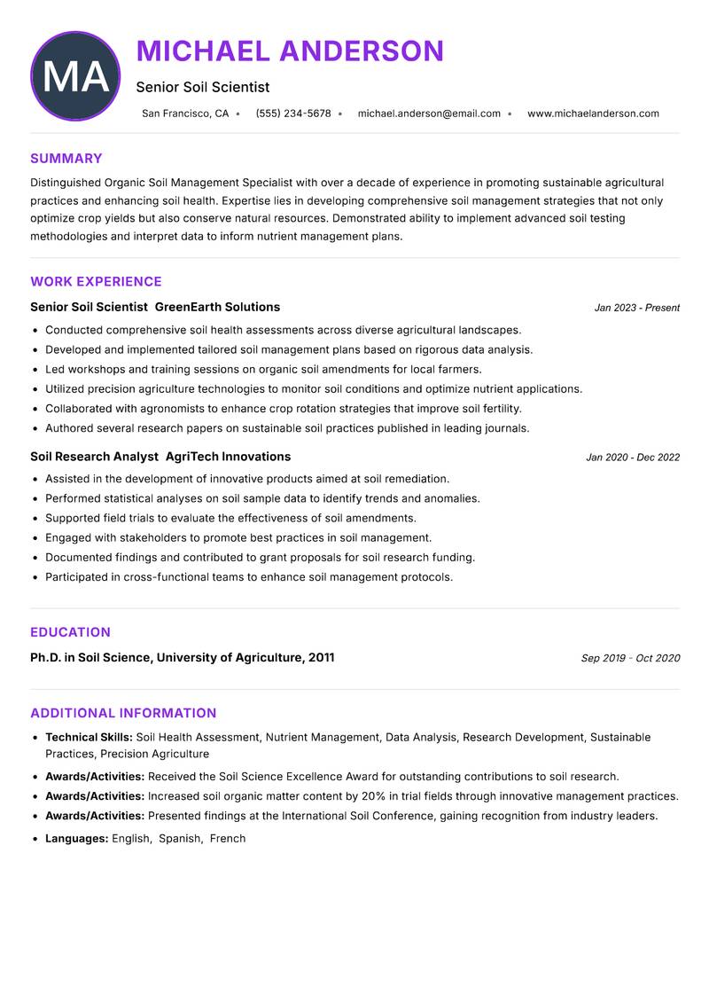 Organic Soil Management Specialist Resume Preview Example