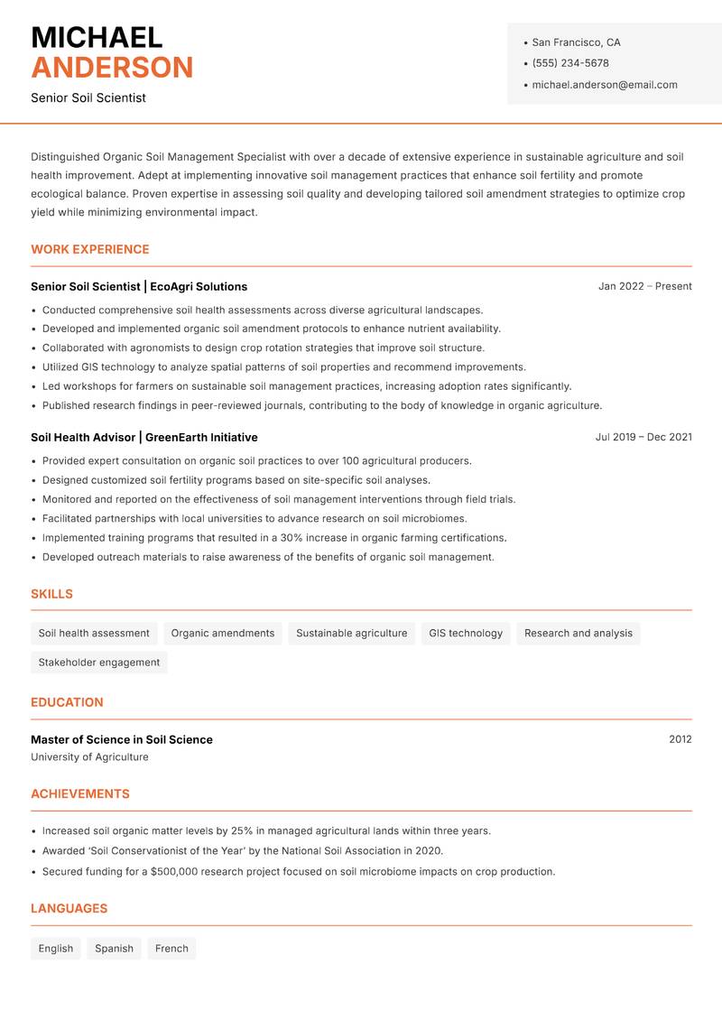 Organic Soil Management Specialist Resume Template
