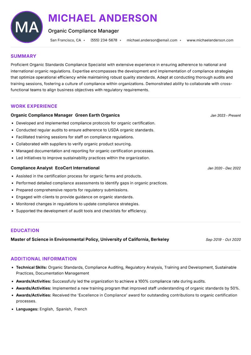 Organic Standards Compliance Specialist Resume Preview Example