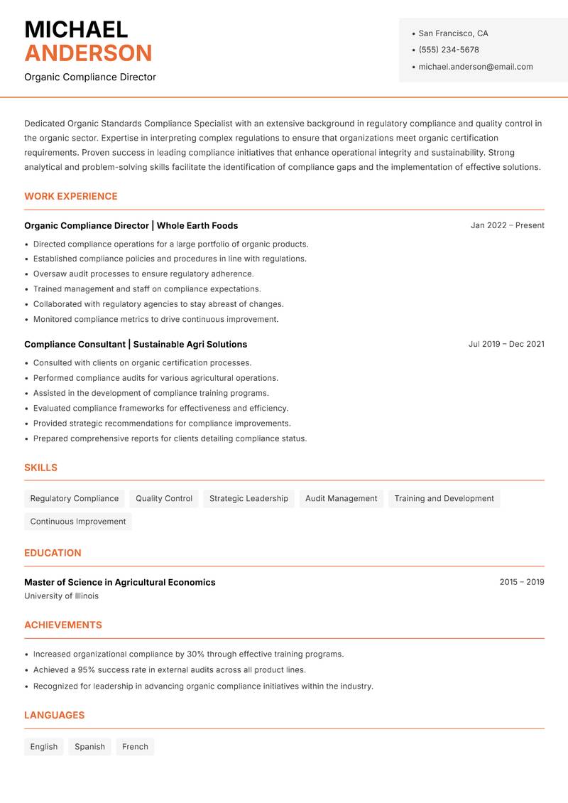 Organic Standards Compliance Specialist Resume Template