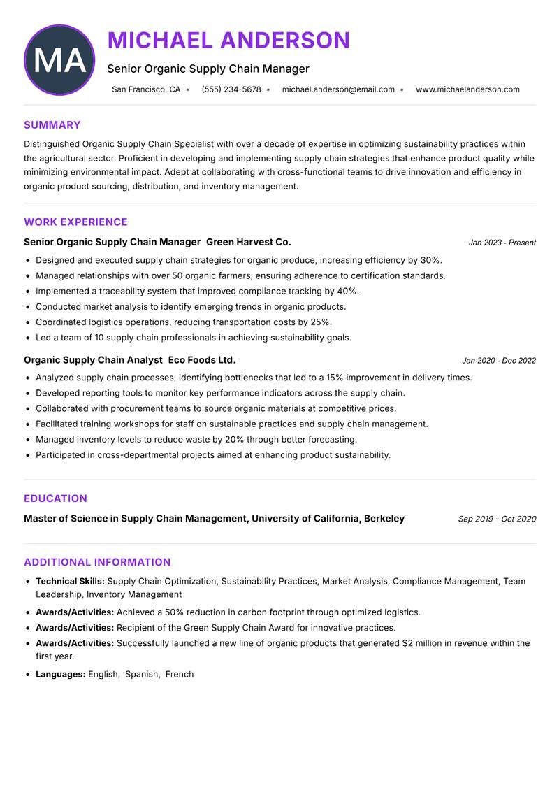 Organic Supply Chain Specialist Resume Preview Example