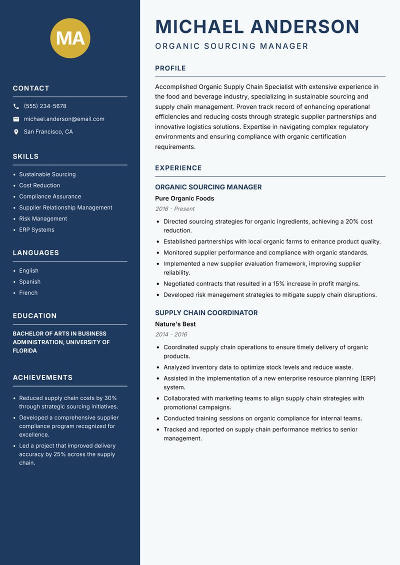 Organic Supply Chain Specialist Resume Preview Example