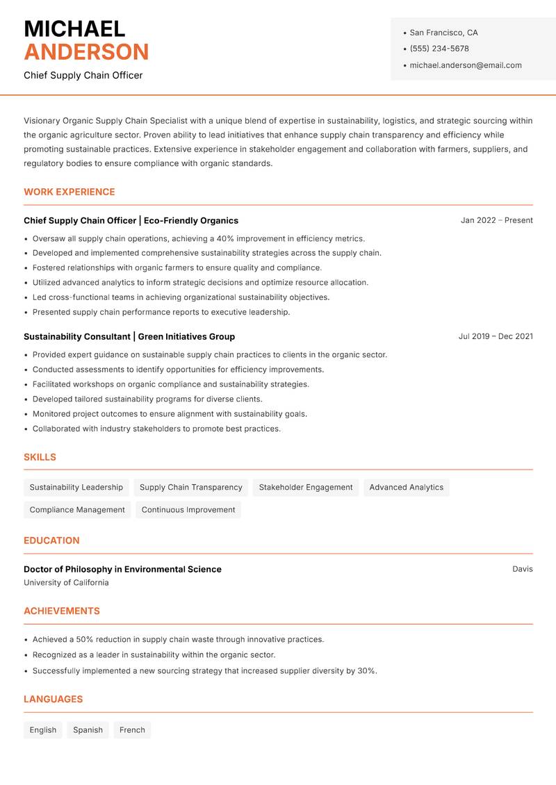 Organic Supply Chain Specialist Resume Template