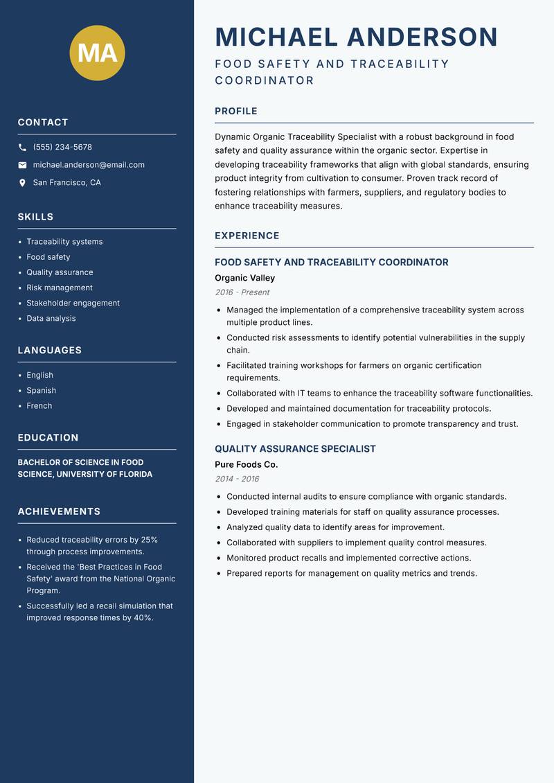Organic Traceability Specialist Resume Preview Example