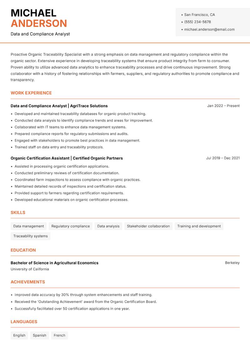 Organic Traceability Specialist Resume Template