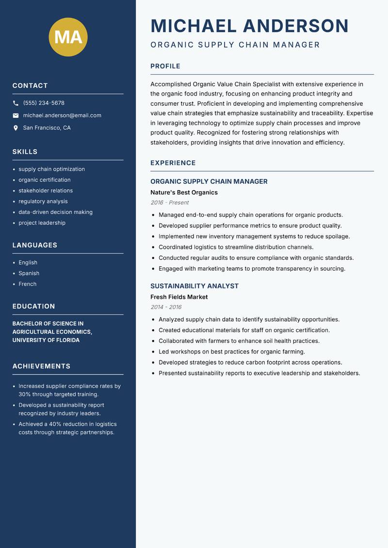 Organic Value Chain Specialist Resume Preview Example