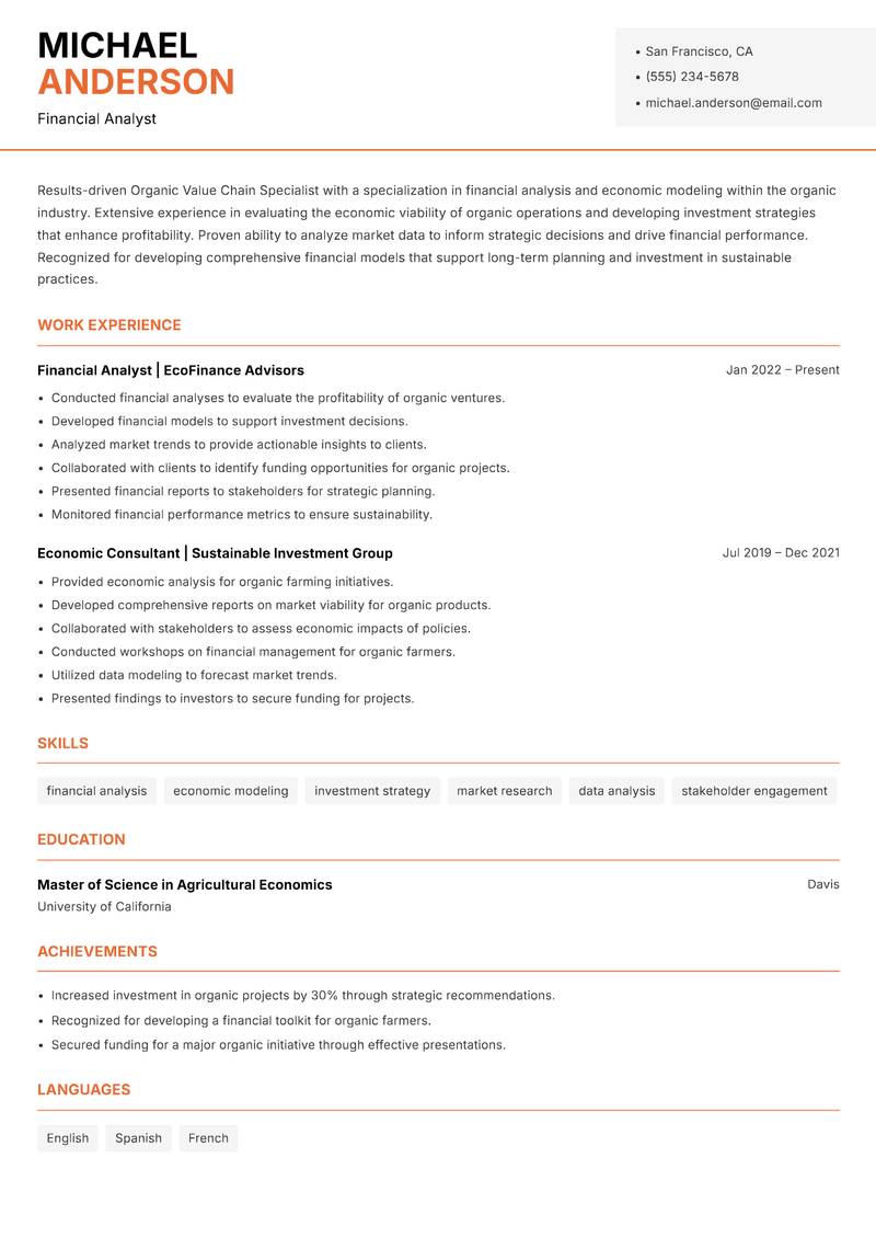 Organic Value Chain Specialist Resume Template