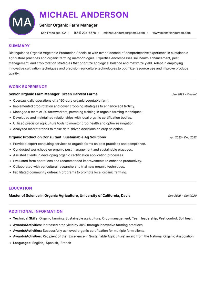 Organic Vegetable Production Specialist Resume Preview Example
