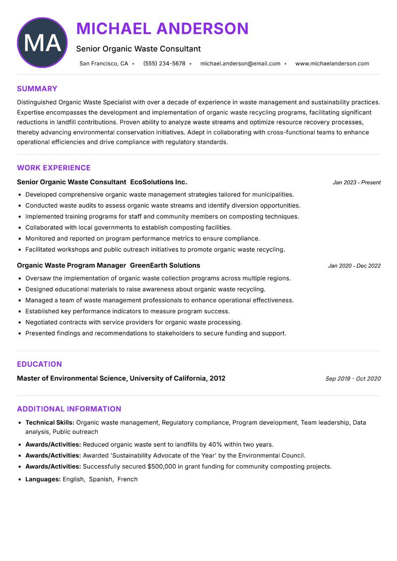 Organic Waste Specialist Resume Preview Example