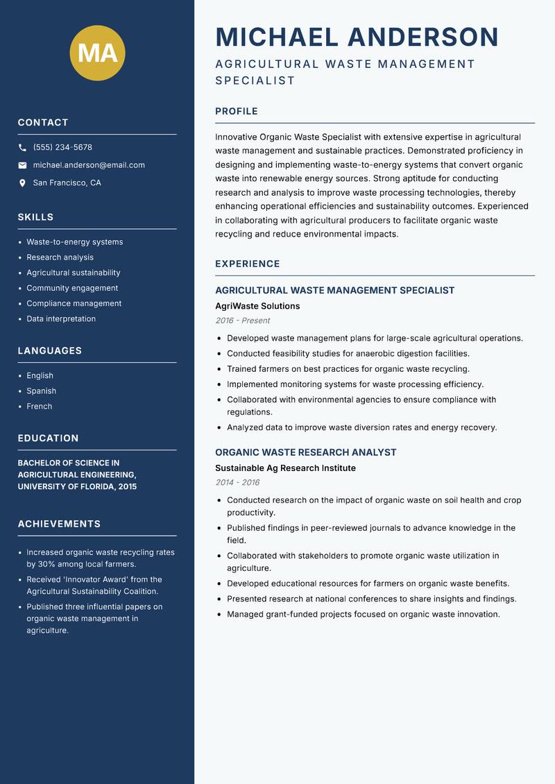 Organic Waste Specialist Resume Preview Example