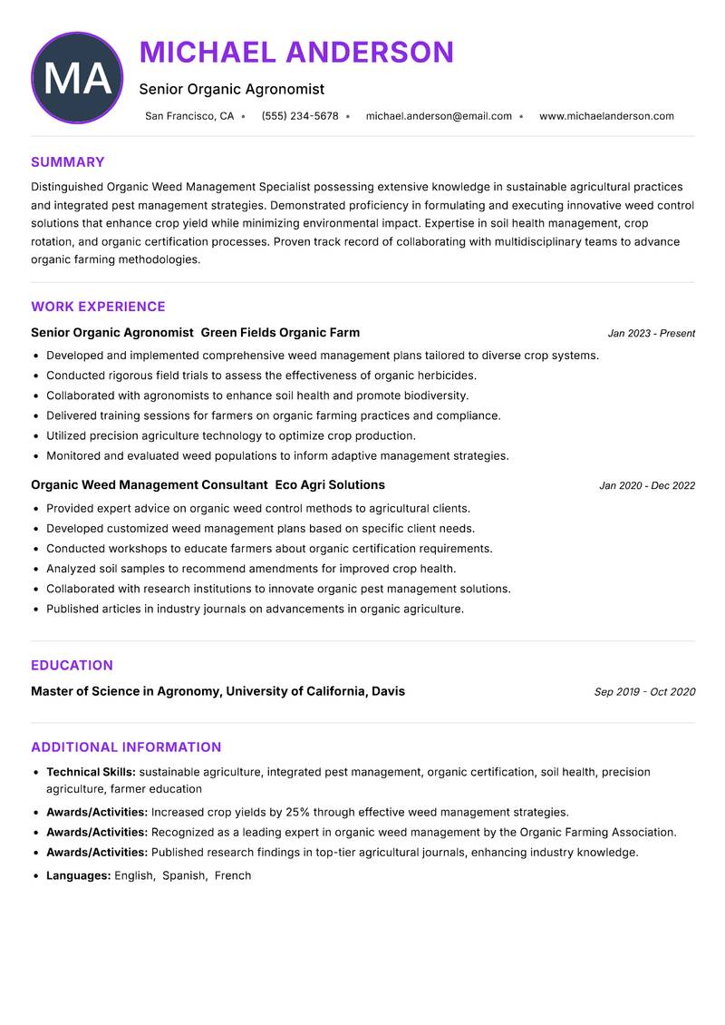 Organic Weed Management Specialist Resume Preview Example