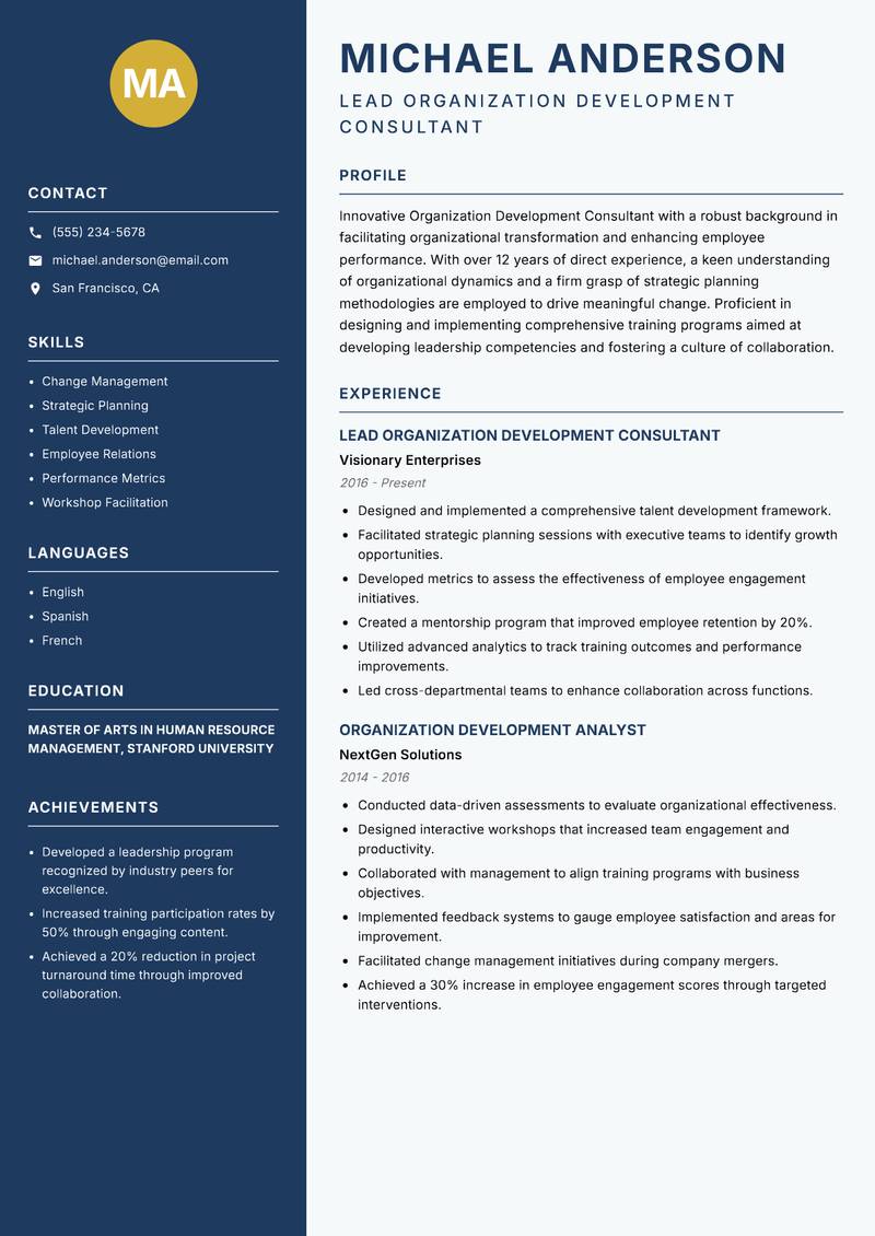 Organization Development Consultant Resume Preview Example