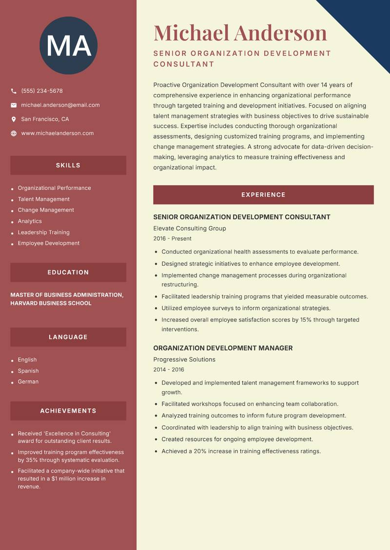 Organization Development Consultant Resume Preview Example