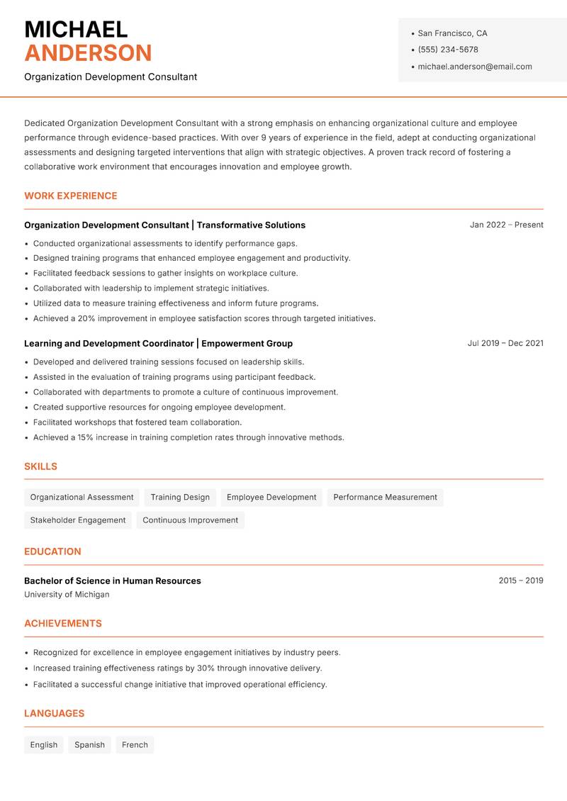 Organization Development Consultant Resume Template
