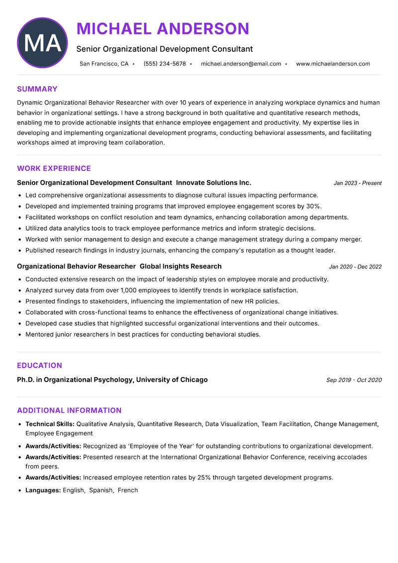 Organizational Behavior Researcher Resume Preview Example