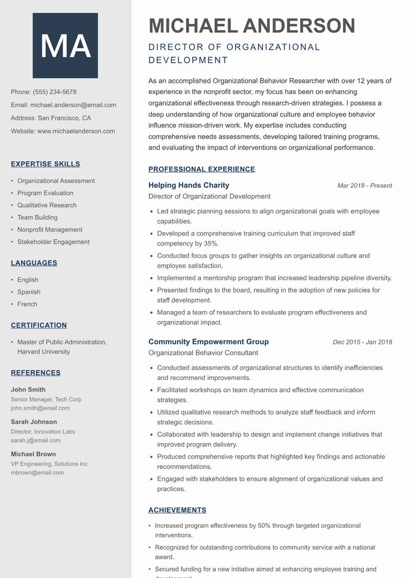 Organizational Behavior Researcher Resume Preview Example