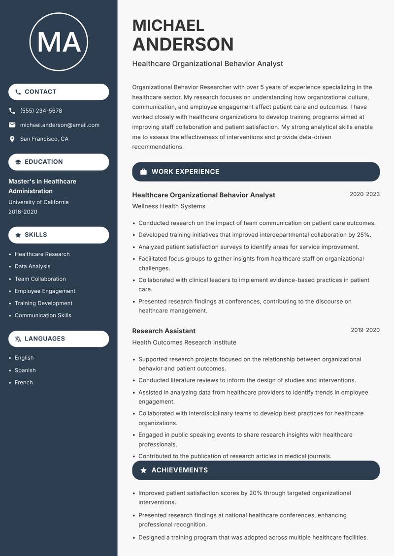 Organizational Behavior Researcher Resume Preview Example