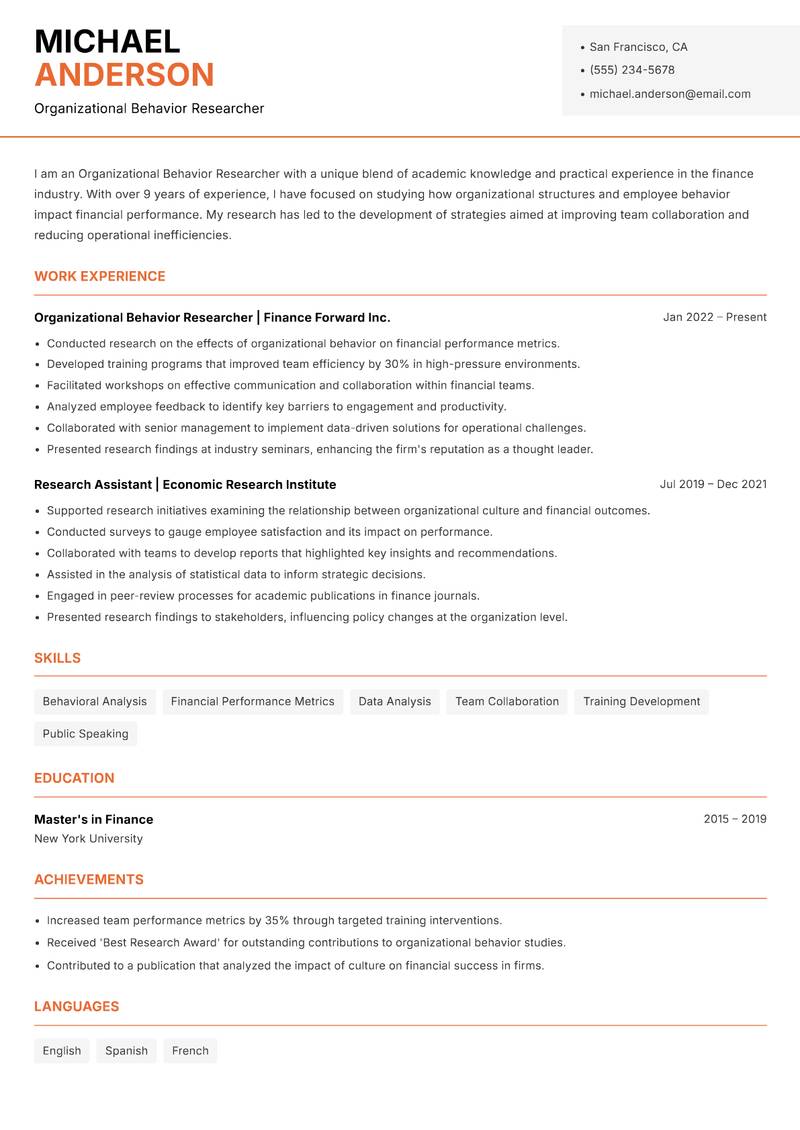 Organizational Behavior Researcher Resume Template