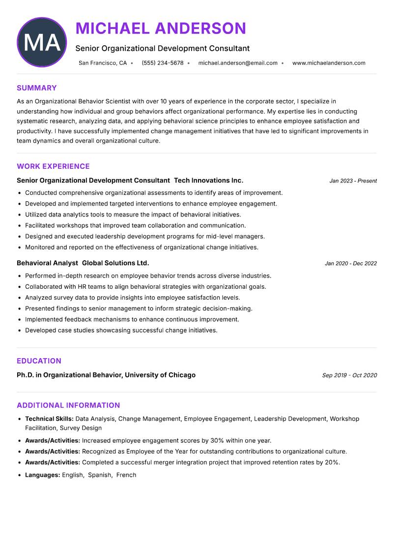 Organizational Behavior Scientist Resume Preview Example