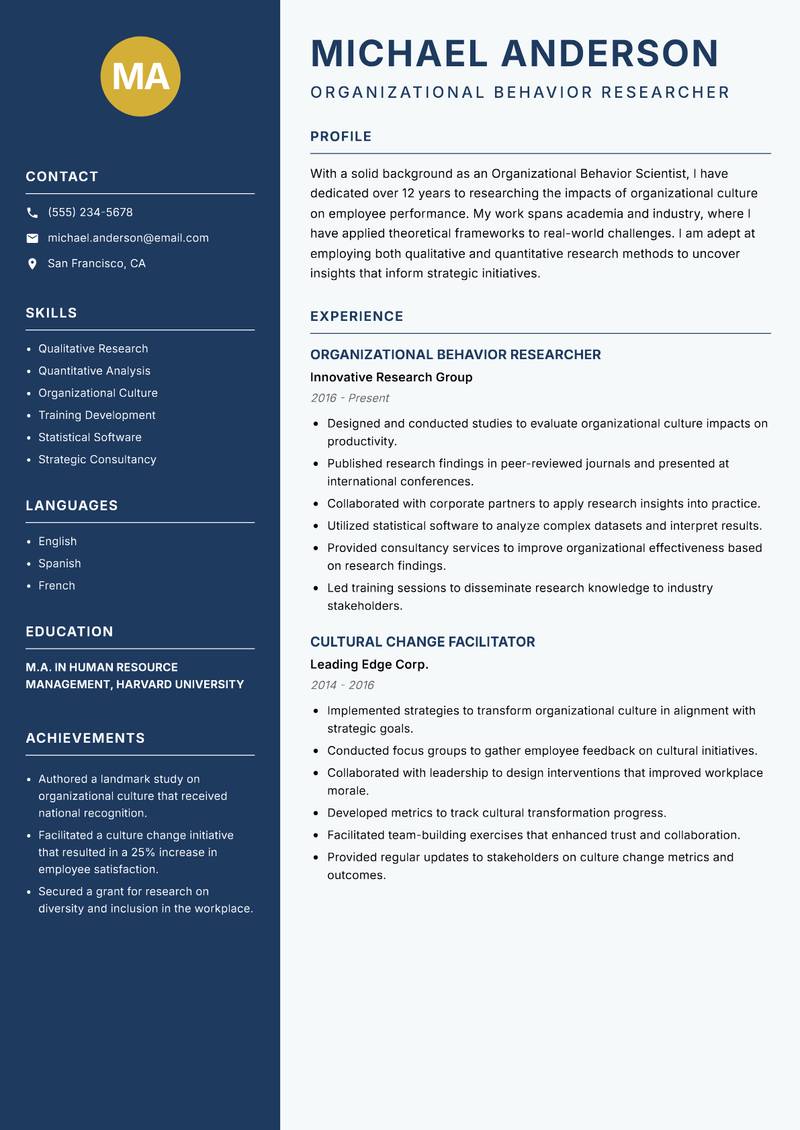 Organizational Behavior Scientist Resume Preview Example