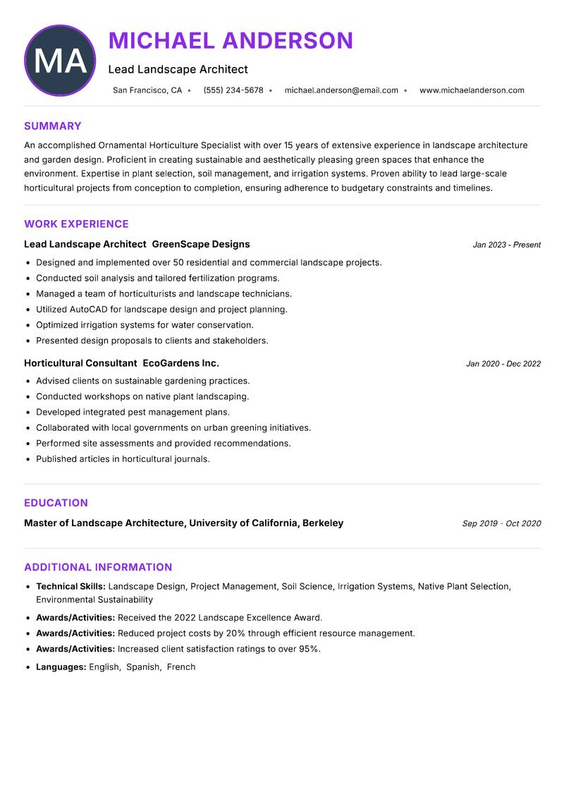 Ornamental Horticulture Specialist Resume Preview Example
