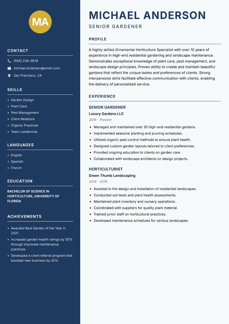 Ornamental Horticulture Specialist Resume Preview Example