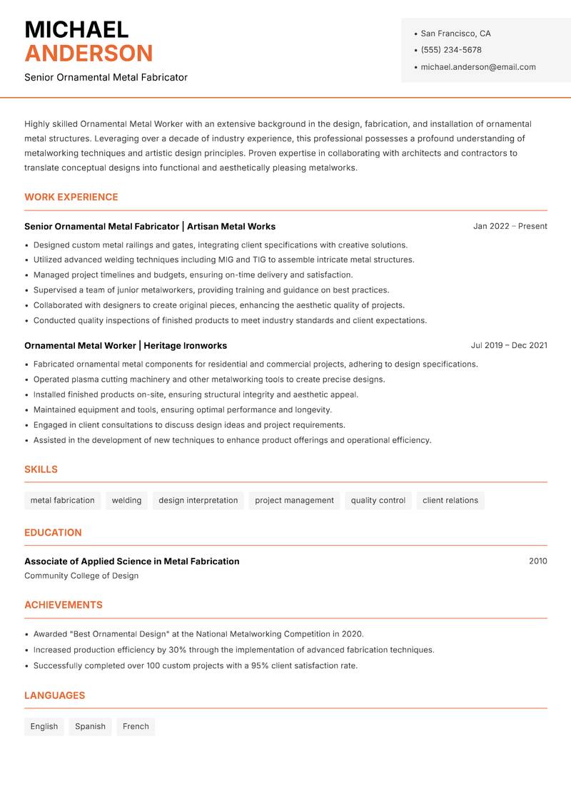 Ornamental Metal Worker Resume Template