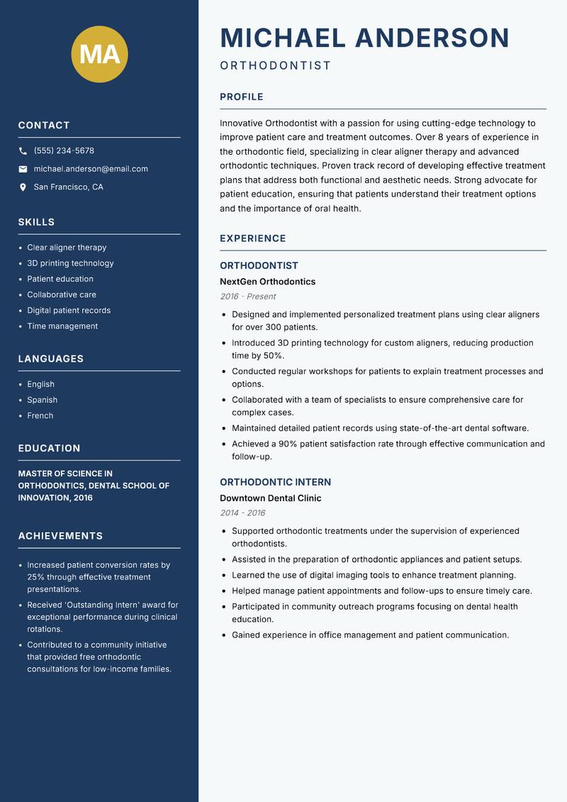 Orthodontist Resume Preview Example